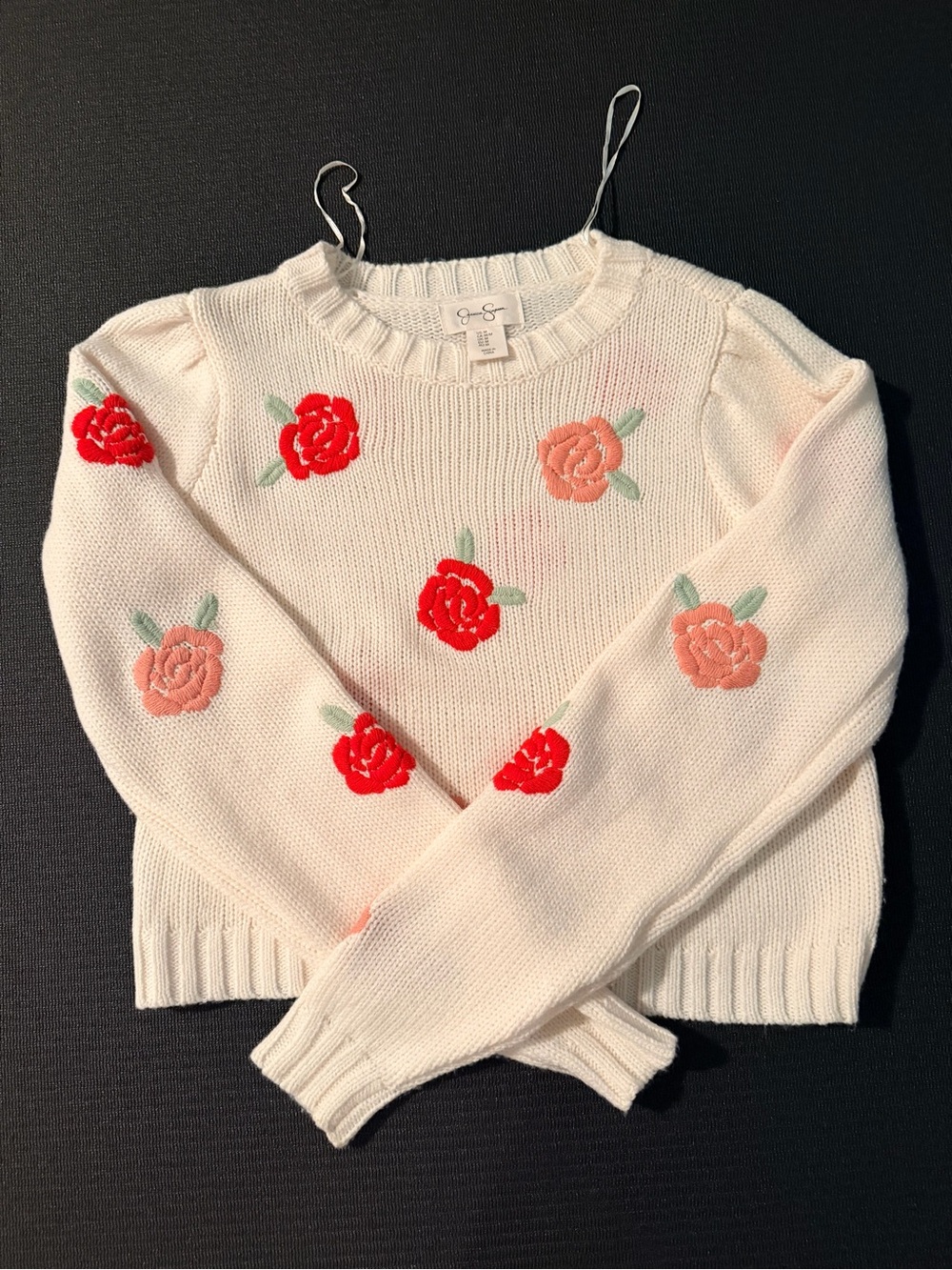 Jessica Simpson - White Flower Patch Knit Sweater with Red & Peach Roses